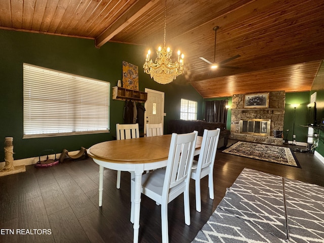 dining area with lofted ceiling, a stone fireplace, dark wood-type flooring, and wooden ceiling