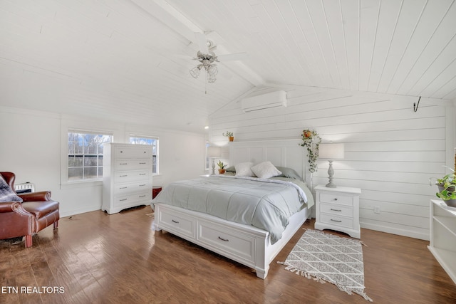 bedroom with dark hardwood / wood-style flooring, a wall mounted AC, lofted ceiling with beams, and wooden ceiling