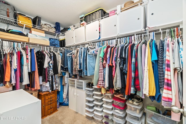 walk in closet featuring light carpet