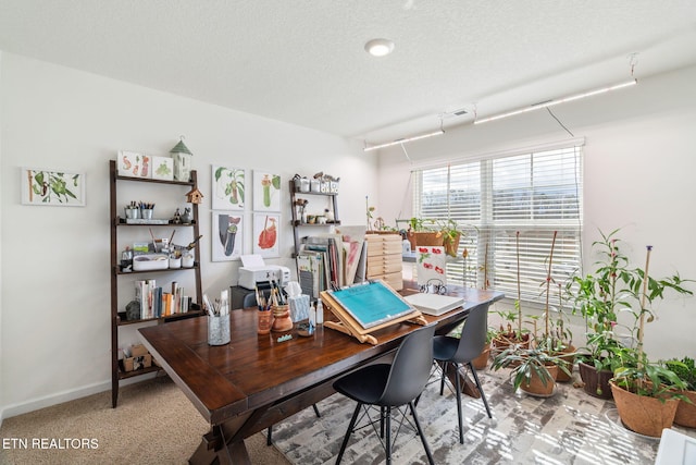 carpeted office featuring a textured ceiling