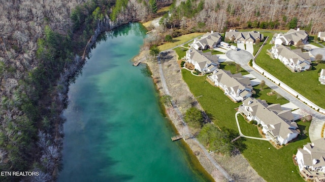 birds eye view of property with a view of trees, a residential view, and a water view