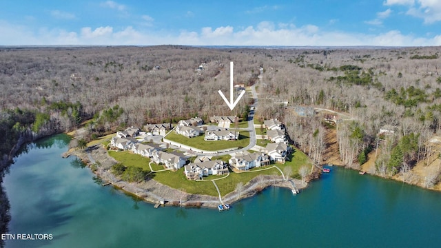 drone / aerial view featuring a view of trees and a water view