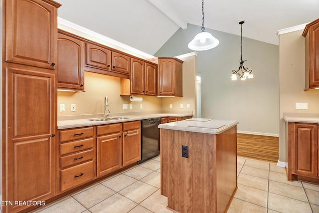 kitchen featuring light tile patterned floors, a sink, light countertops, black dishwasher, and a center island