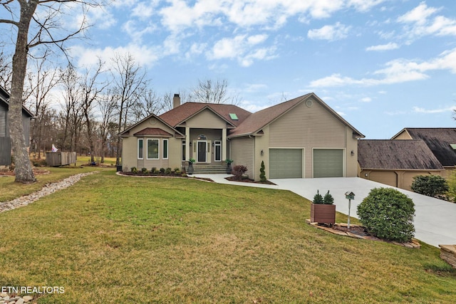 ranch-style home with a garage and a front lawn