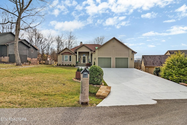 ranch-style home with a garage and a front lawn