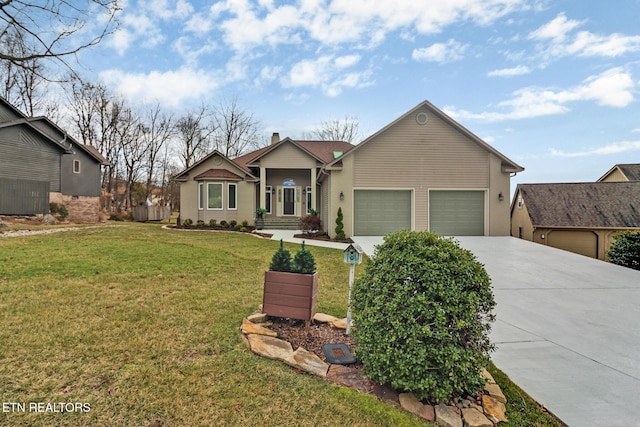 single story home featuring a garage and a front lawn