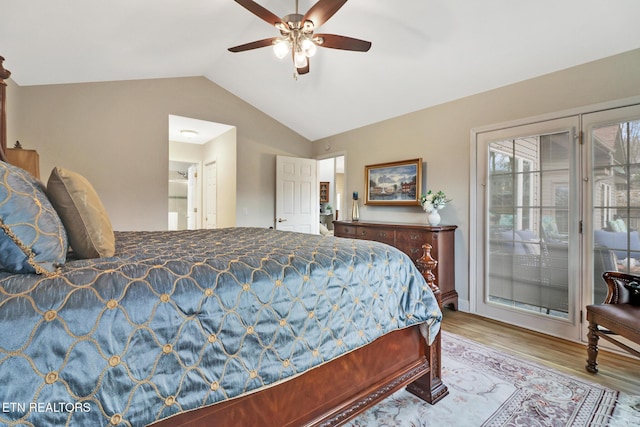 bedroom featuring lofted ceiling, access to outside, ceiling fan, and light wood-type flooring