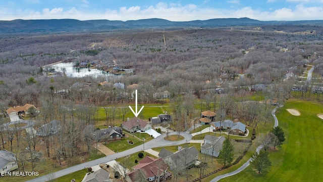 bird's eye view featuring a water and mountain view