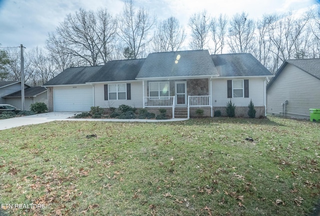 ranch-style house with a garage, a front lawn, and a porch