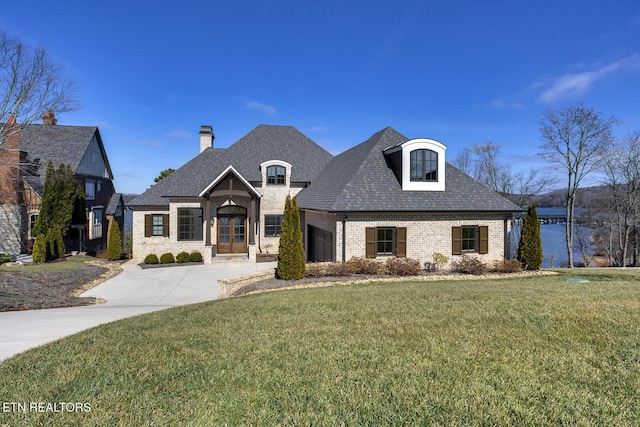 french country home featuring concrete driveway, a front lawn, a chimney, and brick siding