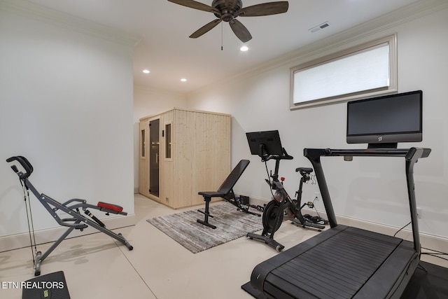 exercise area featuring baseboards, visible vents, ceiling fan, crown molding, and recessed lighting