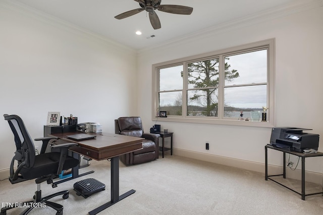 home office featuring baseboards, ornamental molding, and light colored carpet