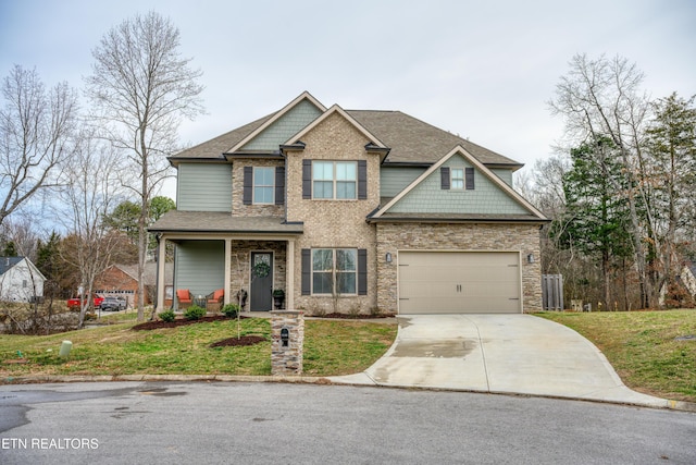 craftsman-style house with a porch and a front lawn