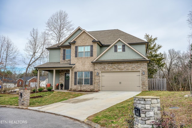 craftsman-style house with a garage, a porch, and a front lawn