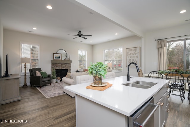 kitchen with sink, stainless steel dishwasher, dark hardwood / wood-style floors, and a center island with sink