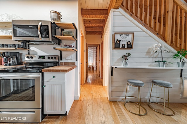 kitchen featuring tile countertops, light hardwood / wood-style flooring, wooden ceiling, appliances with stainless steel finishes, and white cabinets