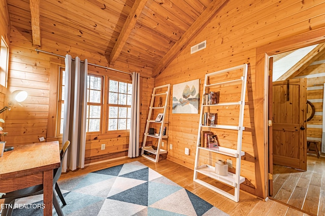 home office featuring lofted ceiling with beams, wooden walls, and light hardwood / wood-style flooring