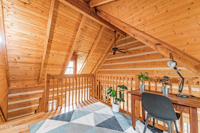 home office featuring vaulted ceiling with beams, wooden ceiling, ceiling fan, and wood walls