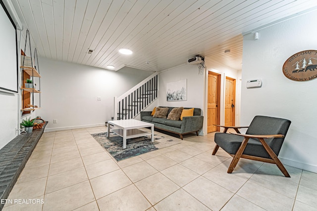 tiled living room with wood ceiling