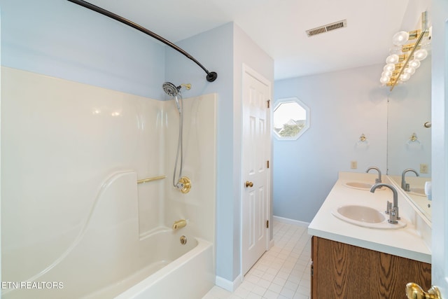 full bath with tile patterned flooring, tub / shower combination, visible vents, and a sink