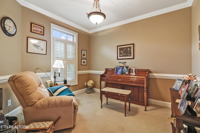 sitting room with light carpet and crown molding