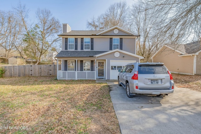 front facade featuring a garage, a porch, and a front lawn