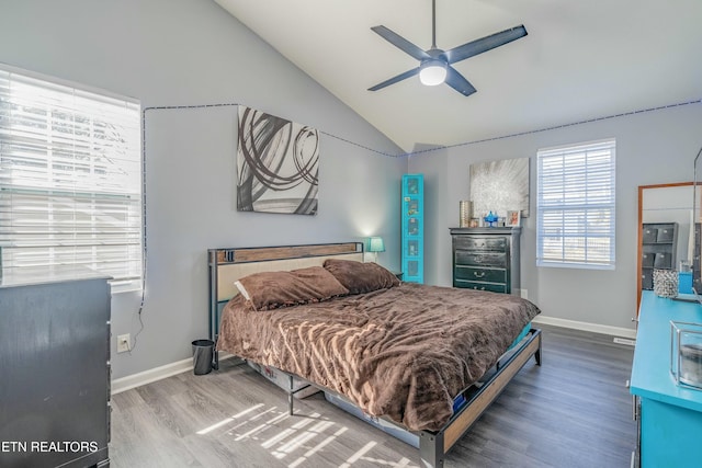 bedroom featuring vaulted ceiling, wood-type flooring, and ceiling fan