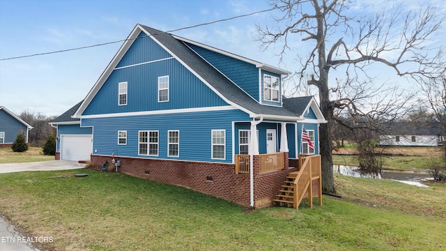 view of front of house with driveway, a garage, roof with shingles, crawl space, and a front lawn