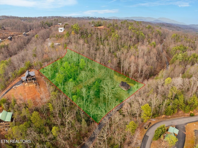 drone / aerial view featuring a mountain view and a wooded view