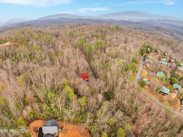 aerial view with a mountain view and a wooded view