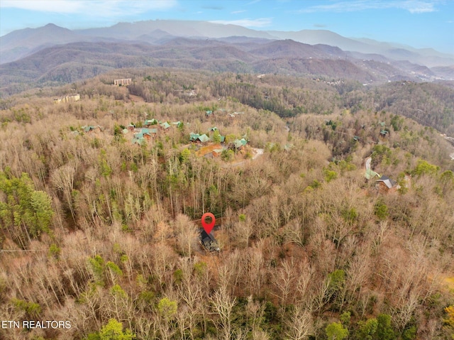 aerial view with a wooded view and a mountain view