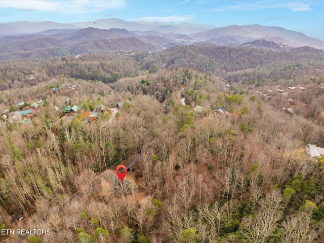 birds eye view of property featuring a mountain view and a view of trees