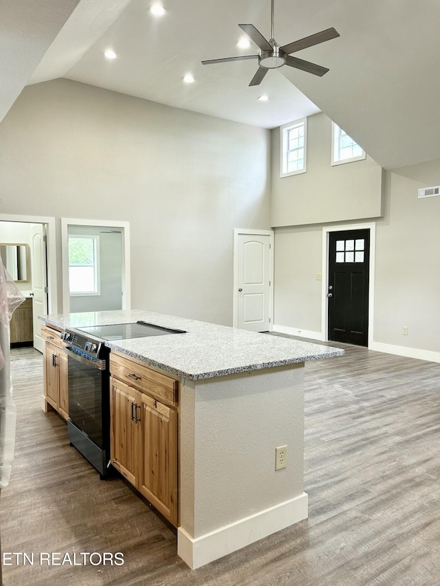 kitchen featuring electric range oven, high vaulted ceiling, a large island with sink, hardwood / wood-style flooring, and light stone counters