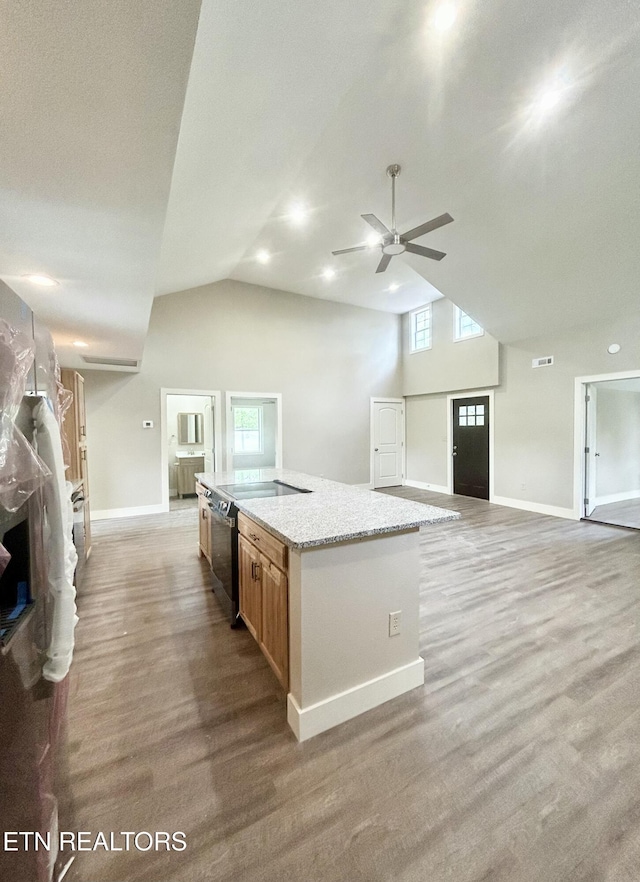 kitchen with hardwood / wood-style flooring, ceiling fan, an island with sink, and light stone counters