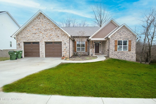 craftsman inspired home with a garage and a front yard