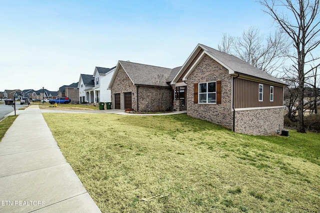 view of property exterior featuring a garage and a lawn