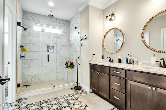 bathroom with walk in shower, vanity, crown molding, and tile patterned flooring