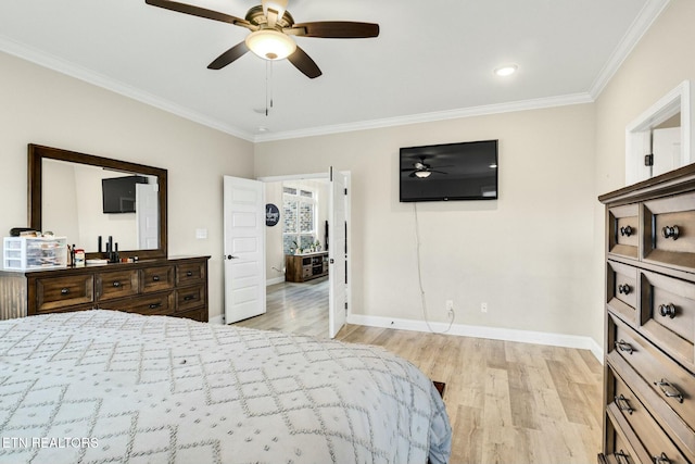 bedroom with ceiling fan, ornamental molding, and light wood-type flooring