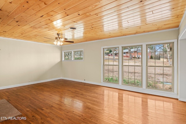 unfurnished room with crown molding, hardwood / wood-style floors, and wooden ceiling