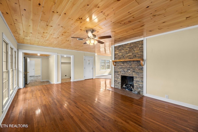 unfurnished living room featuring wood ceiling, ceiling fan, a fireplace, and hardwood / wood-style floors