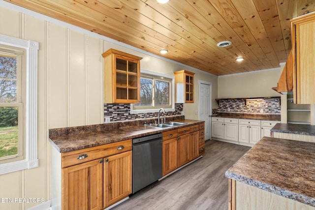 kitchen featuring backsplash, black dishwasher, sink, and wooden ceiling