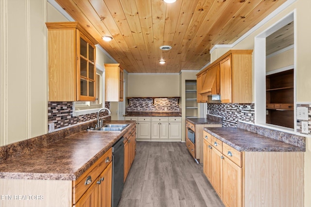 kitchen featuring dishwasher, sink, decorative backsplash, wooden ceiling, and light wood-type flooring