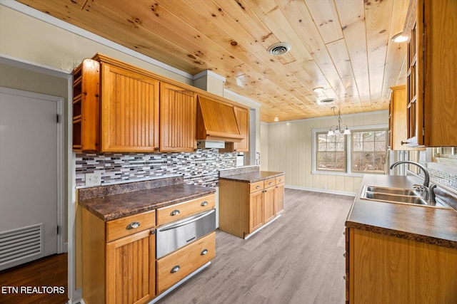 kitchen with sink, custom range hood, decorative light fixtures, wooden ceiling, and light wood-type flooring