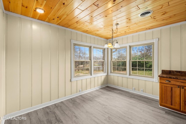 unfurnished dining area featuring a notable chandelier, a wealth of natural light, wood ceiling, and light wood-type flooring