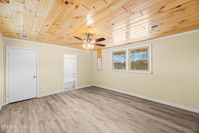 unfurnished bedroom with hardwood / wood-style flooring, ensuite bath, crown molding, and wooden ceiling