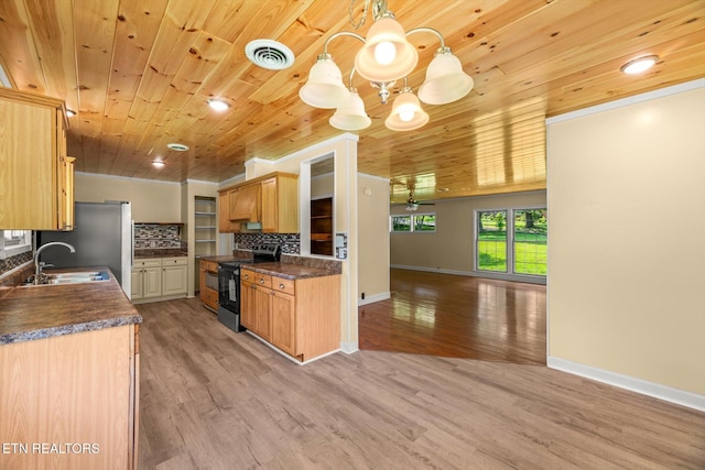 19 Shawnee Trl, Athens, TN 37303 - kitchen with black / electric stove, a sink, wood ceiling, a chandelier, and dark countertops