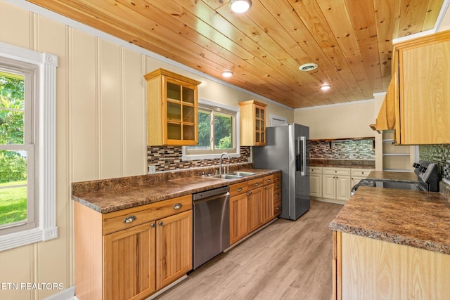19 Shawnee Trl, Athens, TN 37303 - kitchen featuring appliances with stainless steel finishes, a sink, wooden ceiling, tasteful backsplash, and light wood-style flooring