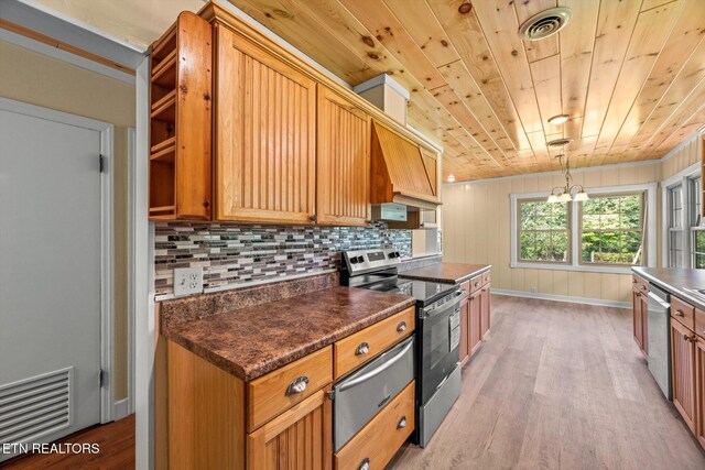 19 Shawnee Trl, Athens, TN 37303 - kitchen featuring stainless steel appliances, a warming drawer, light wood-style floors, backsplash, and wood ceiling