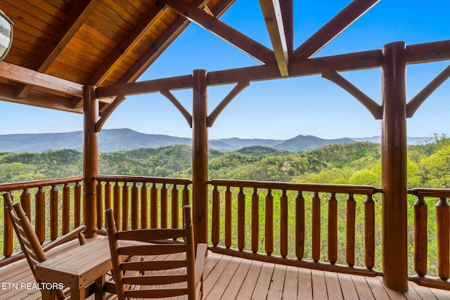 wooden deck with a mountain view