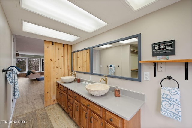 bathroom with vanity and hardwood / wood-style floors